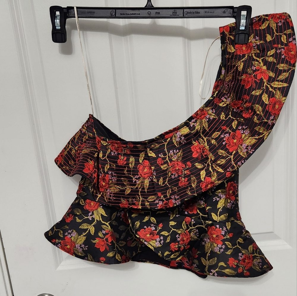 Champagne & Strawberry asymmetrical peplum hem midi-crop top one shoulder size S